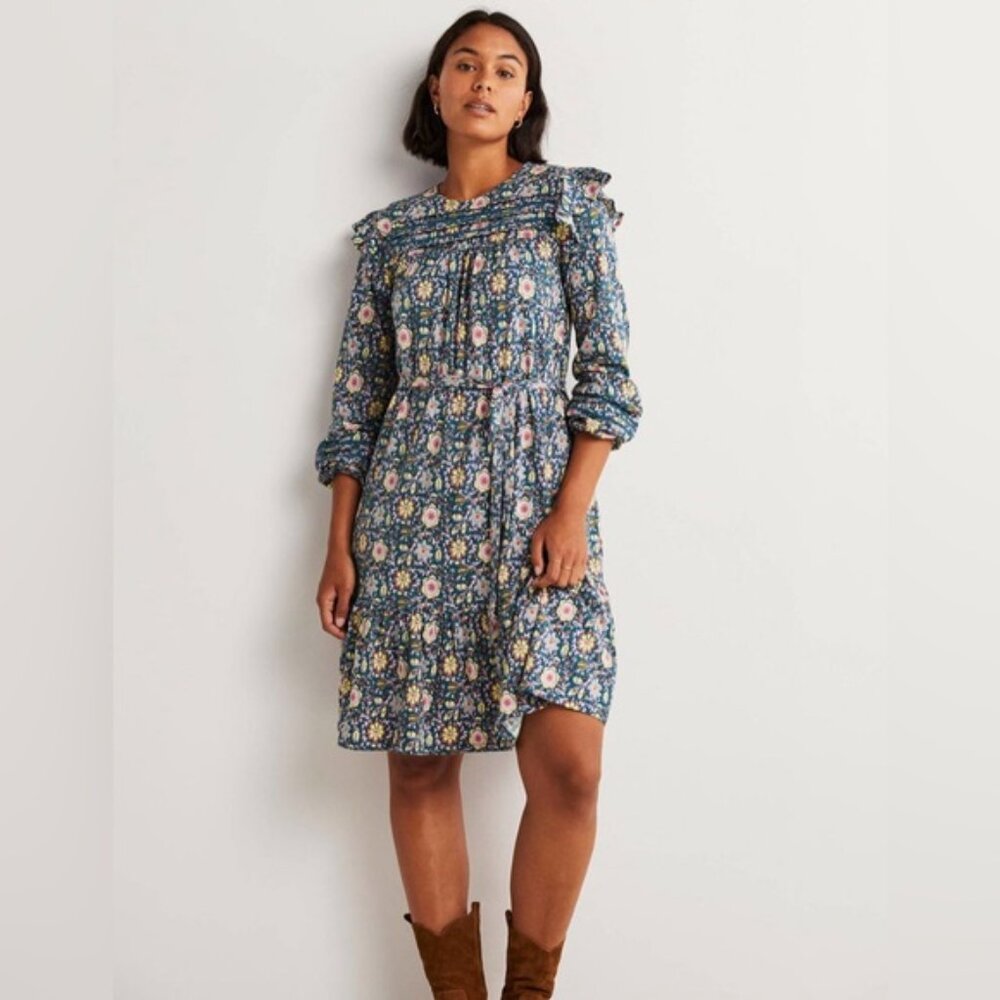 NWT BODEN Floral Ruffle Trim Detail Jersey Dress LS Dress D0314 Size 12L